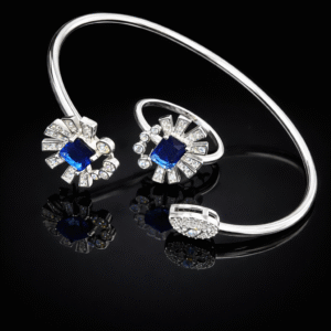 Pure Silver Bangle with Ring Set with Sparkling CZ Stones Gift for Women Surprising