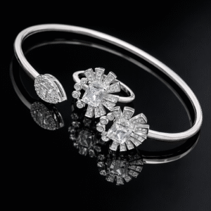 Pure Silver Bangle with Ring Set with Sparkling CZ Stones Gift for Women Super
