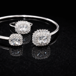 Pure Silver Bangle with Ring Set with Sparkling CZ Stones Gift for Women Lavishly