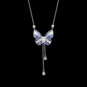 Silver butterfly necklace with blue accents