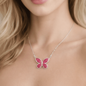 Elegant butterfly necklace with pink stones.