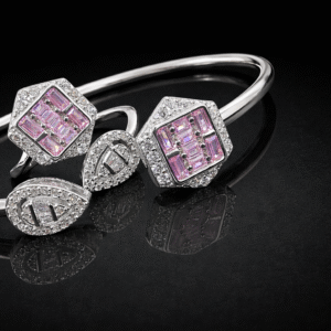 Pure Silver Bangle with Ring Set with Sparkling CZ Stones Gift for Women Unique