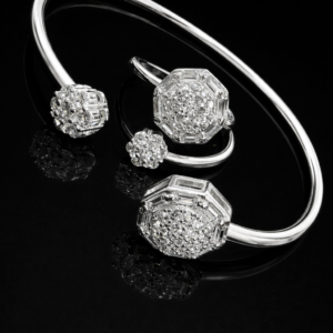Pure Silver Bangle with Ring Set with Sparkling CZ Stones Gift for Women