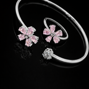 Pure Silver Bangle with Ring Set with Sparkling CZ Stones Gift for Women Best