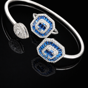 Pure Silver Bangle with Ring Set with Sparkling CZ Stones Gift for Women