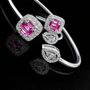 Pure Silver Bangle with Ring Set with Sparkling Cubic Zircon Stones Gift for Women Crush