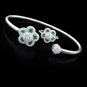 Pure Silver Bangle with Ring Set with Sparkling Cubic Zircon Stones Gift for Women Gift