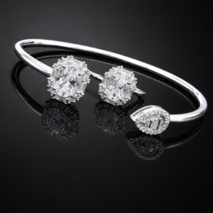 Pure Silver Bangle with Ring Set with Sparkling Cubic Zircon Stones Gift for Women Lavishly