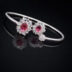 Pure Silver Bangle with Ring Set with Sparkling Cubic Zircon Stones Gift for Women for Love