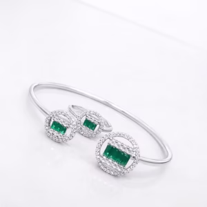 Pure Silver Bangle with Ring Set with Sparkling Cubic Zircon Stones Gift for Women Memorable