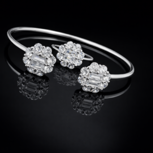 Pure Silver Bangle with Ring Set with Sparkling Cubic Zircon Stones Gift for Women Surprise for her