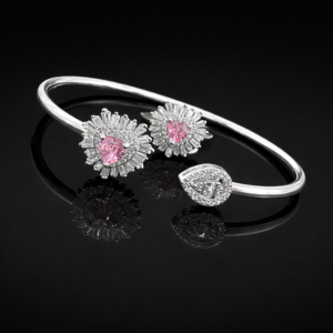 Pure Silver Bangle with Ring Set with Sparkling Cubic Zircon Stones Gift for Women Wanted